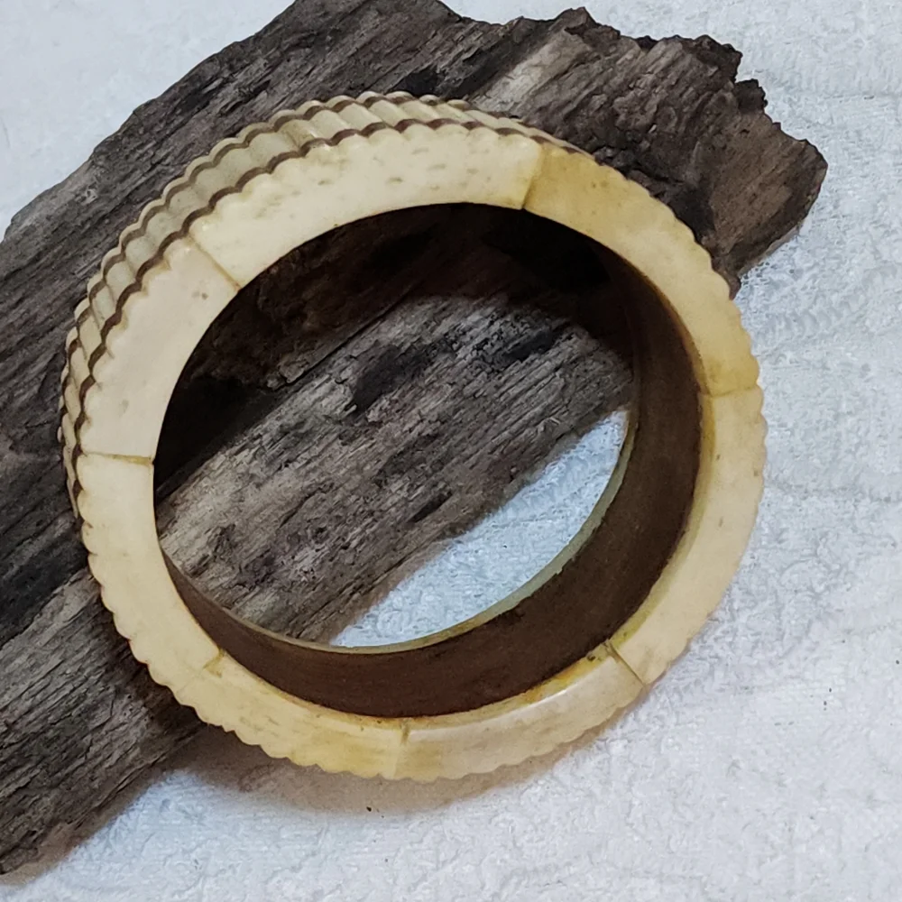 Vintage Boho Faux Bone Resin With Wood Inlay Bangle Cuff Bracelet